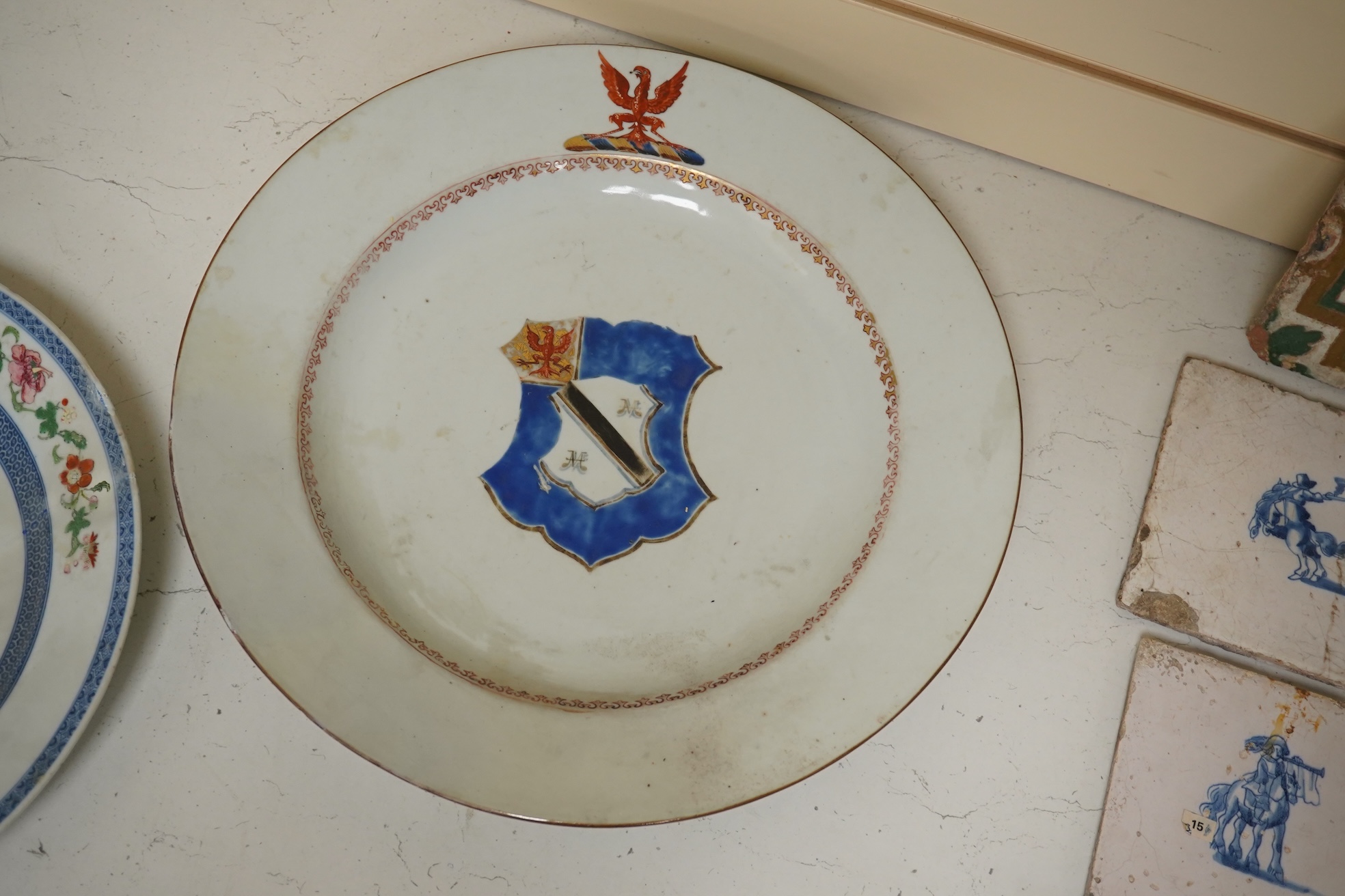 Two 18th century Chinese armorial dishes with arms of Way and Clifford, largest 35cm. Condition - both restored